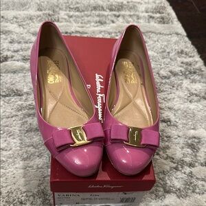 Salvatore Ferragamo Pink Patent Leather Flats with Gold Detail